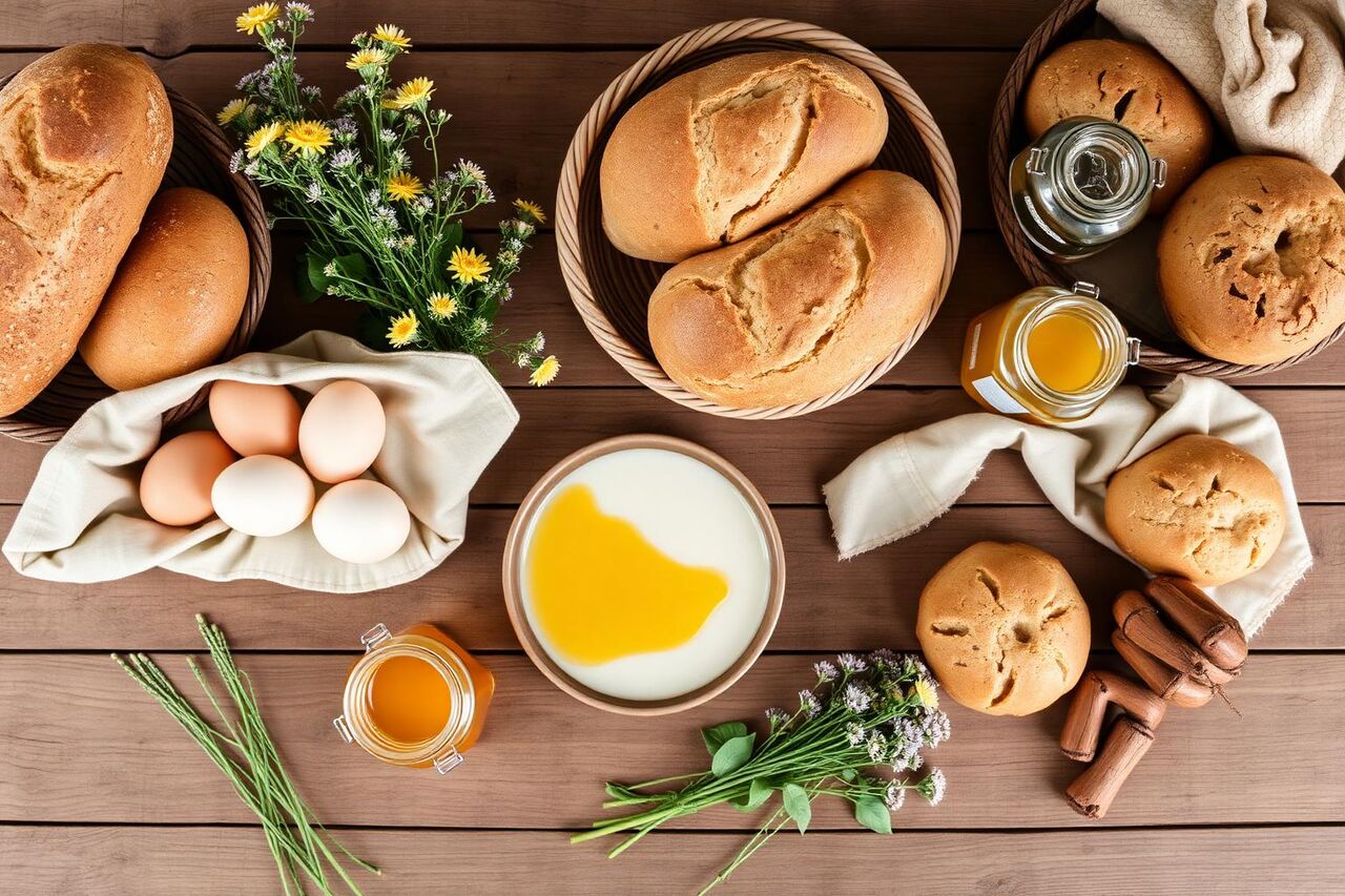 Sourdough loaf, fresh eggs, honey jars and a bouquet of flowers arranged on a wooden table